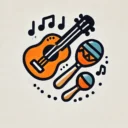 Musik i dagtilbuds logo viser noder, guitar og rytmeinstrumenter, der er tegnet i en naiv, barnlig streg og står med energiske farver som orange og lyseblå. Tegningen symboliserer musik og børn